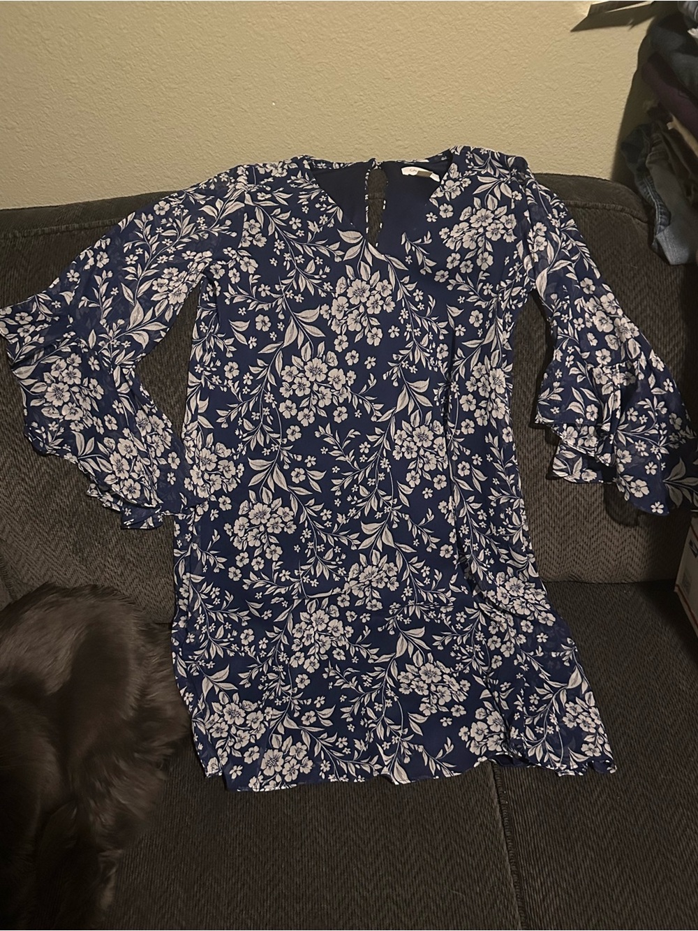 Calvin Klein Navy Blue Floral Long Sleeve Ruffle Dress
